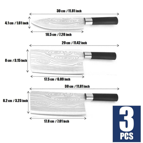 3Pcs Heavy Duty Stainless Steel Damascus Cleaver Knifes