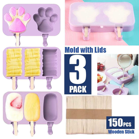 3Pack Silicone Ice Block Mould Ice Popsicle Mould with 150 Wooden Sticks