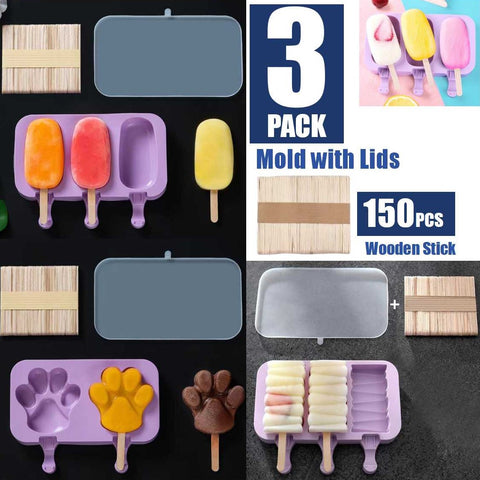 3Pack Silicone Ice Block Mould Ice Popsicle Mould with 150 Wooden Sticks