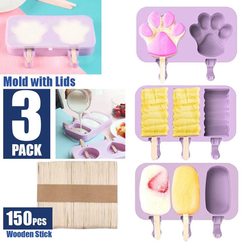 3Pack Silicone Ice Block Mould Ice Popsicle Mould with 150 Wooden Sticks