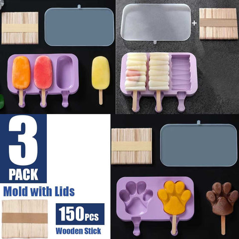 3Pack Silicone Ice Block Mould Ice Popsicle Mould with 150 Wooden Sticks