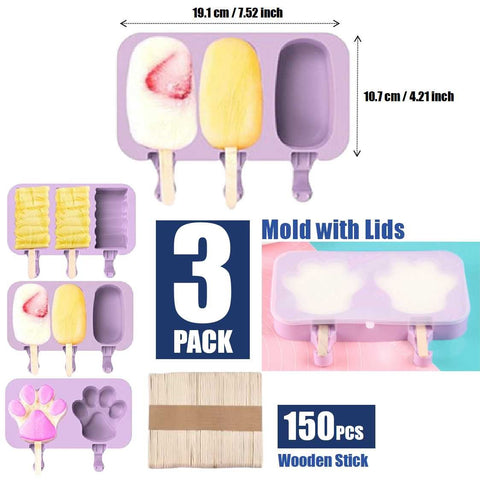 3Pack Silicone Ice Block Mould Ice Popsicle Mould with 150 Wooden Sticks