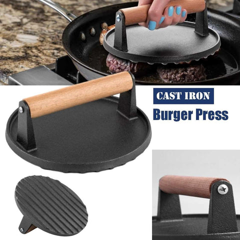 Heavy-Duty Cast Iron BBQ Burger Meat Press with Wooden Handle