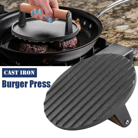 Heavy-Duty Cast Iron BBQ Burger Meat Press with Wooden Handle