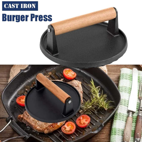 Heavy-Duty Cast Iron BBQ Burger Meat Press with Wooden Handle