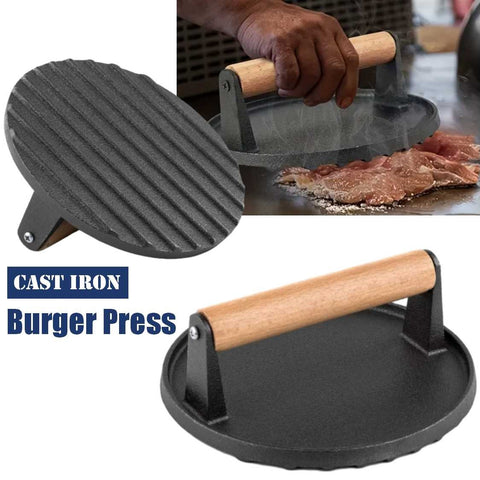 Heavy-Duty Cast Iron BBQ Burger Meat Press with Wooden Handle