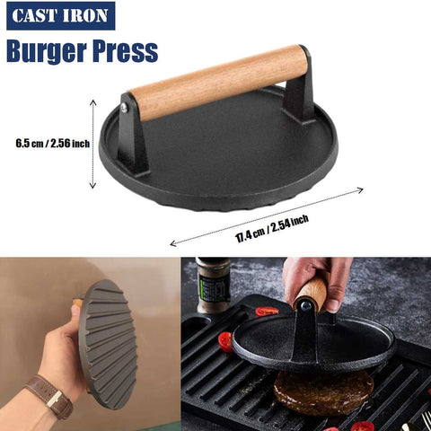 Heavy-Duty Cast Iron BBQ Burger Meat Press with Wooden Handle