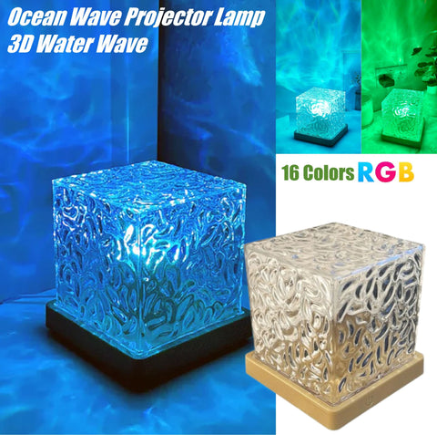 Ocean Wave Projector Lamp LED Night Light Multicolor Crystal Cube Table Lamp