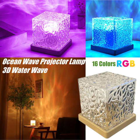 Ocean Wave Projector Lamp LED Night Light Multicolor Crystal Cube Table Lamp