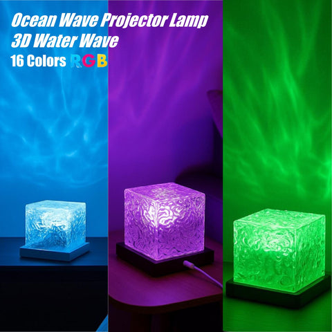 Ocean Wave Projector Lamp LED Night Light Multicolor Crystal Cube Table Lamp