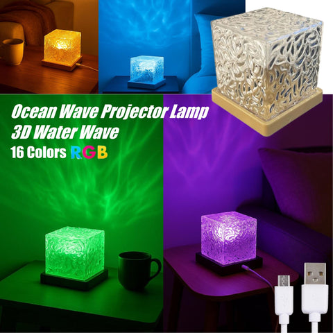 Ocean Wave Projector Lamp LED Night Light Multicolor Crystal Cube Table Lamp