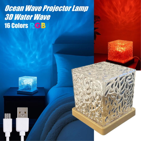 Ocean Wave Projector Lamp LED Night Light Multicolor Crystal Cube Table Lamp