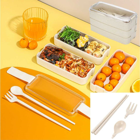 3-Tier Stackable Lunch Box Bento Container&amp; Cutlery Leak-Proof Microwave-Safe