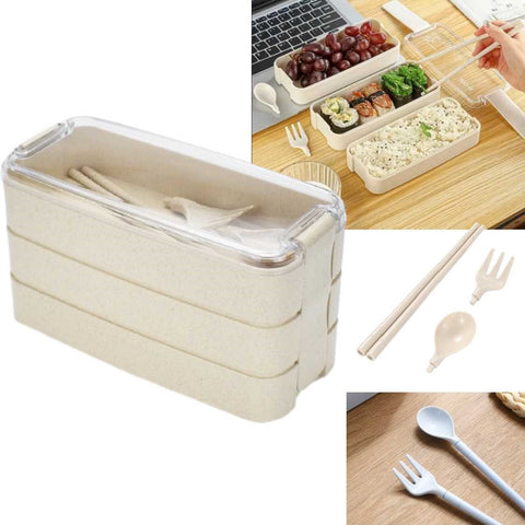 3-Tier Stackable Lunch Box Bento Container&amp; Cutlery Leak-Proof Microwave-Safe