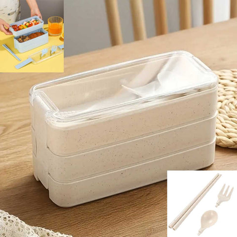 3-Tier Stackable Lunch Box Bento Container&amp; Cutlery Leak-Proof Microwave-Safe