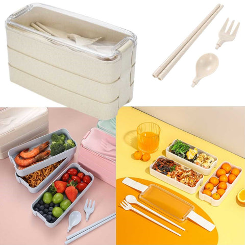 3-Tier Stackable Lunch Box Bento Container&amp; Cutlery Leak-Proof Microwave-Safe