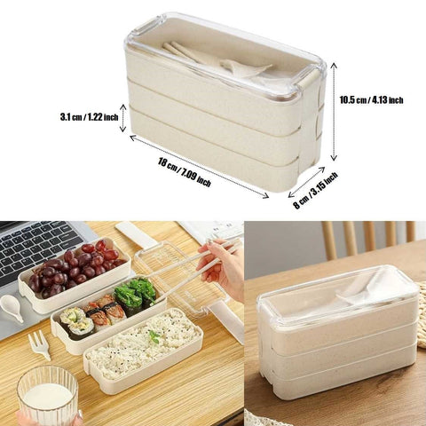 3-Tier Stackable Lunch Box Bento Container&amp; Cutlery Leak-Proof Microwave-Safe