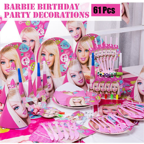 61Pcs Kids' Birthday Party Decoration Barbie Banner Plates Cups Tablecloth
