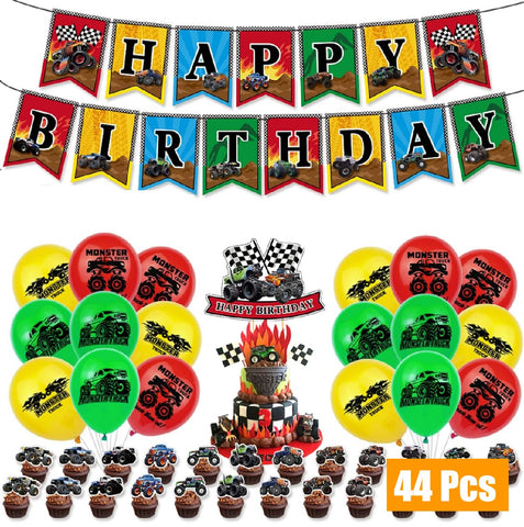 44Pcs Kids' Birthday Party Decoration Monster Truck Banner Balloon Cake Topper
