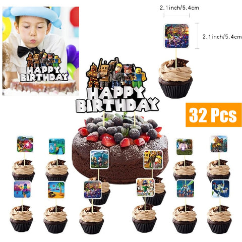32Pcs Kids' Birthday Party Decoration Roblox Minecraft Balloon Cake Topper