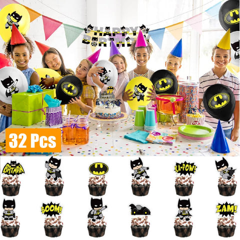 32Pcs Kids' Birthday Party Decoration Batman Banner Balloon Banner Cake Topper
