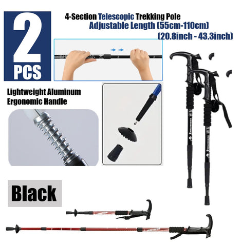 2Pcs Trekking Poles Aluminum Adjustable Lightweight Hiking Poles-Black