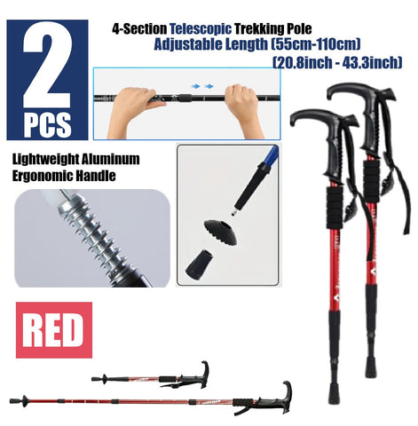 2Pcs Trekking Hiking Poles Aluminum Adjustable Lightweight Hiking Poles-Red