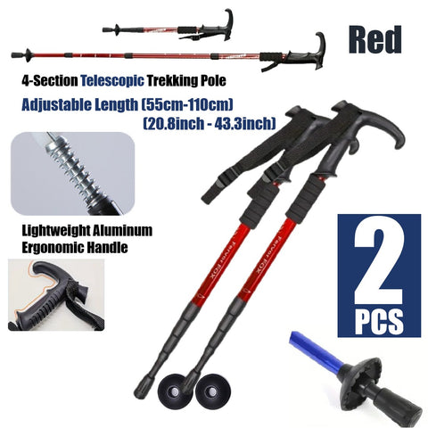 2Pcs Trekking Hiking Poles Aluminum Adjustable Lightweight Hiking Poles-Red