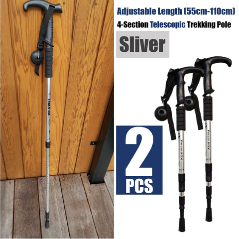 2Pcs Trekking Hiking Poles Aluminum Adjustable Lightweight Hiking Poles-Silver
