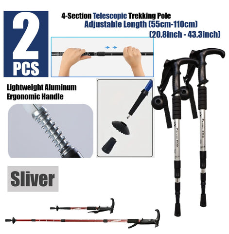 2Pcs Trekking Hiking Poles Aluminum Adjustable Lightweight Hiking Poles-Silver