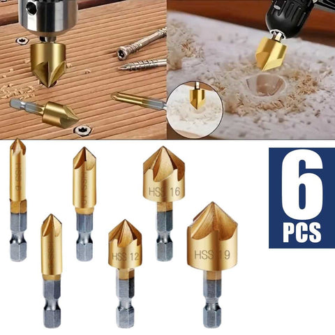 6Pcs Countersink Drill Bit Set 6-19mm HSS 5 Flute Center Punch Tool