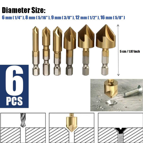 6Pcs Countersink Drill Bit Set 6-19mm HSS 5 Flute Center Punch Tool