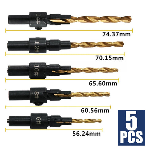 Wood Countersink Drill Bit Set 5Pcs #6-#14 HSS M2 Tapered Drill Bits