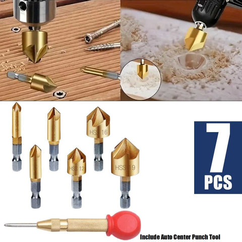 6Pcs Woodworking Countersink Drill Bits with Automatic Center Punch Tool Set