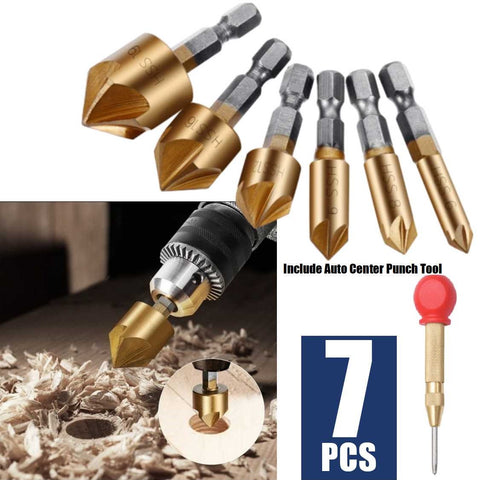 6Pcs Woodworking Countersink Drill Bits with Automatic Center Punch Tool Set