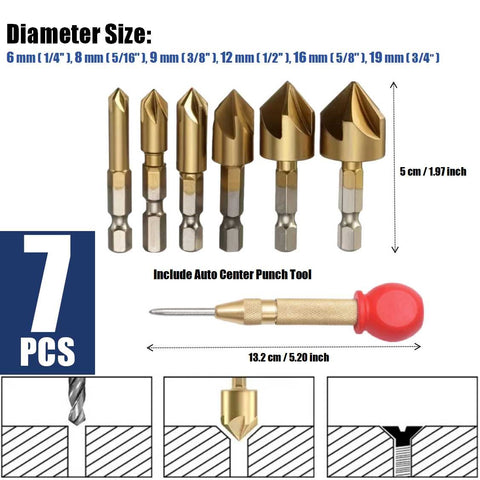 6Pcs Woodworking Countersink Drill Bits with Automatic Center Punch Tool Set
