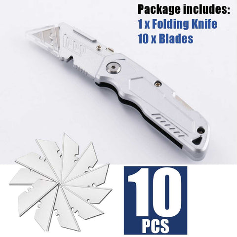 Retractable Aluminum Utility Knife with 10Pcs SK5 Sharp Blades Safety Cutter