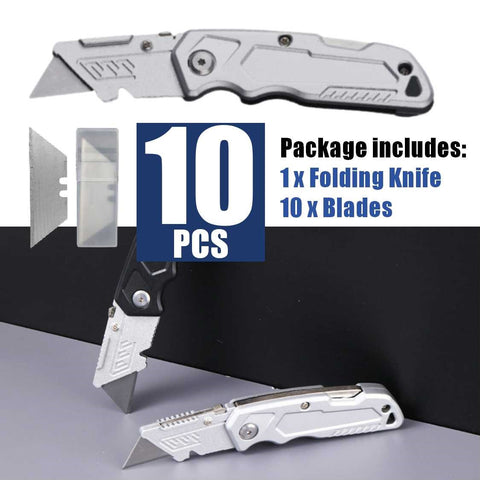 Retractable Aluminum Utility Knife with 10Pcs SK5 Sharp Blades Safety Cutter