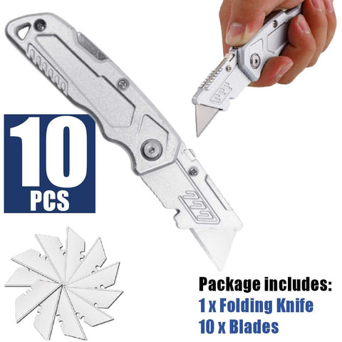 Retractable Aluminum Utility Knife with 10Pcs SK5 Sharp Blades Safety Cutter