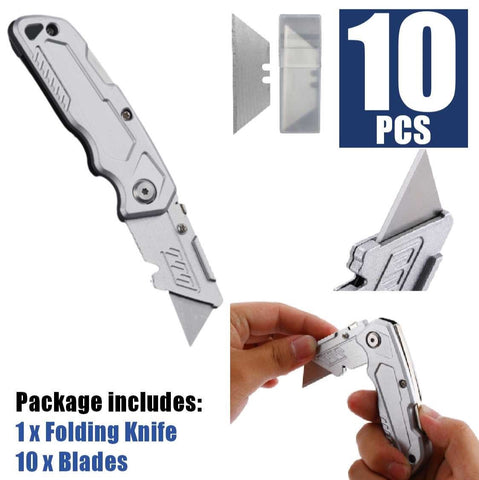 Retractable Aluminum Utility Knife with 10Pcs SK5 Sharp Blades Safety Cutter