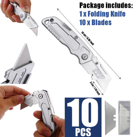 Retractable Aluminum Utility Knife with 10Pcs SK5 Sharp Blades Safety Cutter