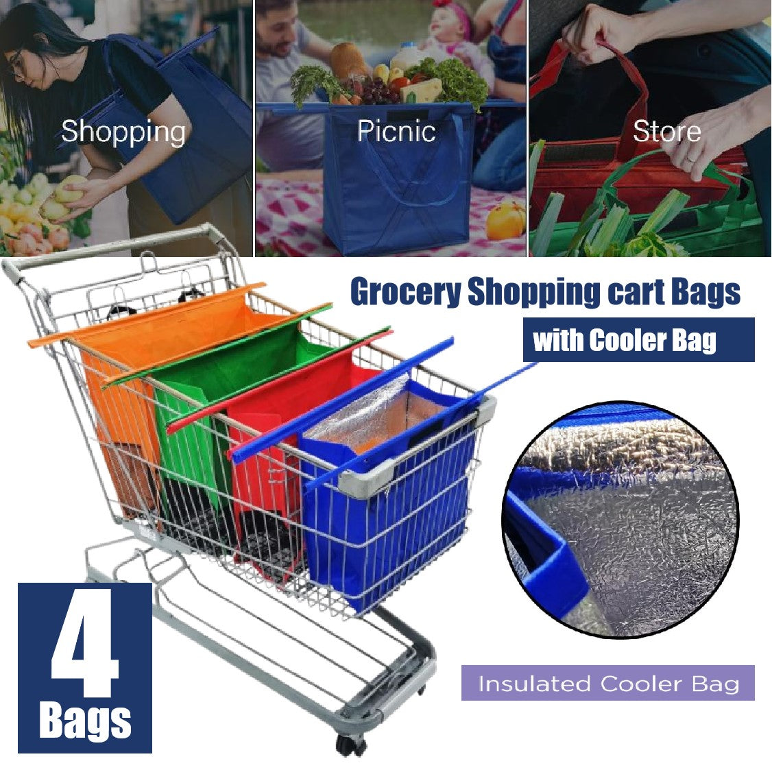 4Packs Trolley Bags Reusable Grocery Shopping cart Bags Cooler Bag