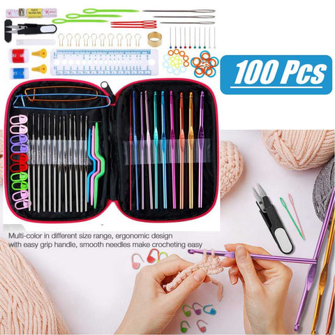 100Pcs Crochet Hooks Set in Case Ergonomic Grip Weave Needles Accessories Kit