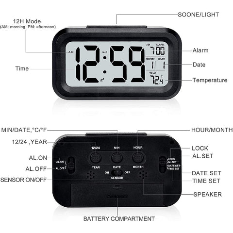 LED Auto Back Light Display Digital Alarm Clock Nightlight -Black