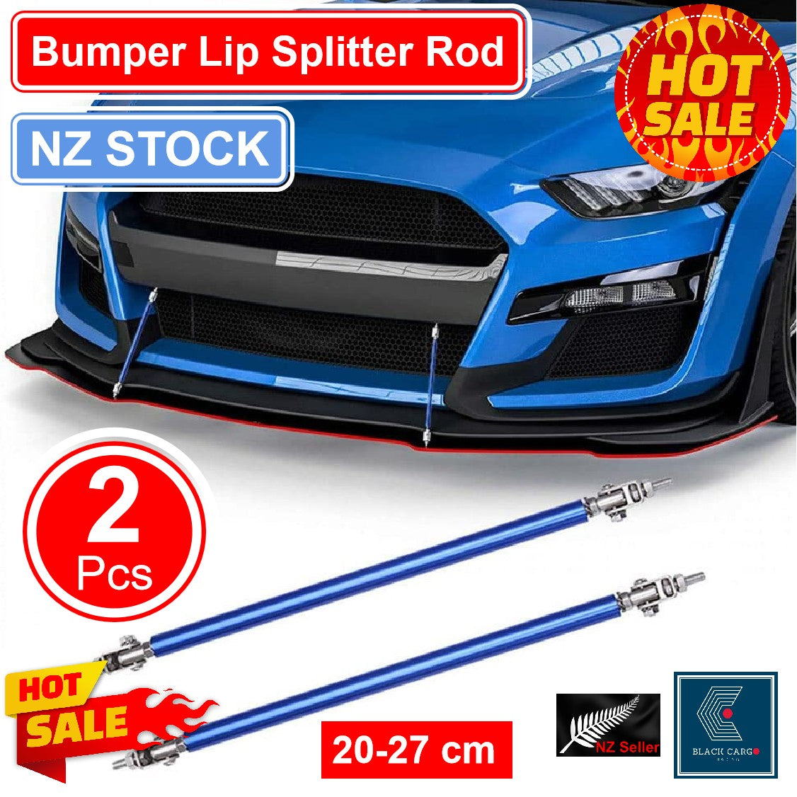 2-Piece Adjustable Front Bumper Lip Splitter Strut Rods – Blue Aluminum & Stainless Steel Tie Bars (Universal)
