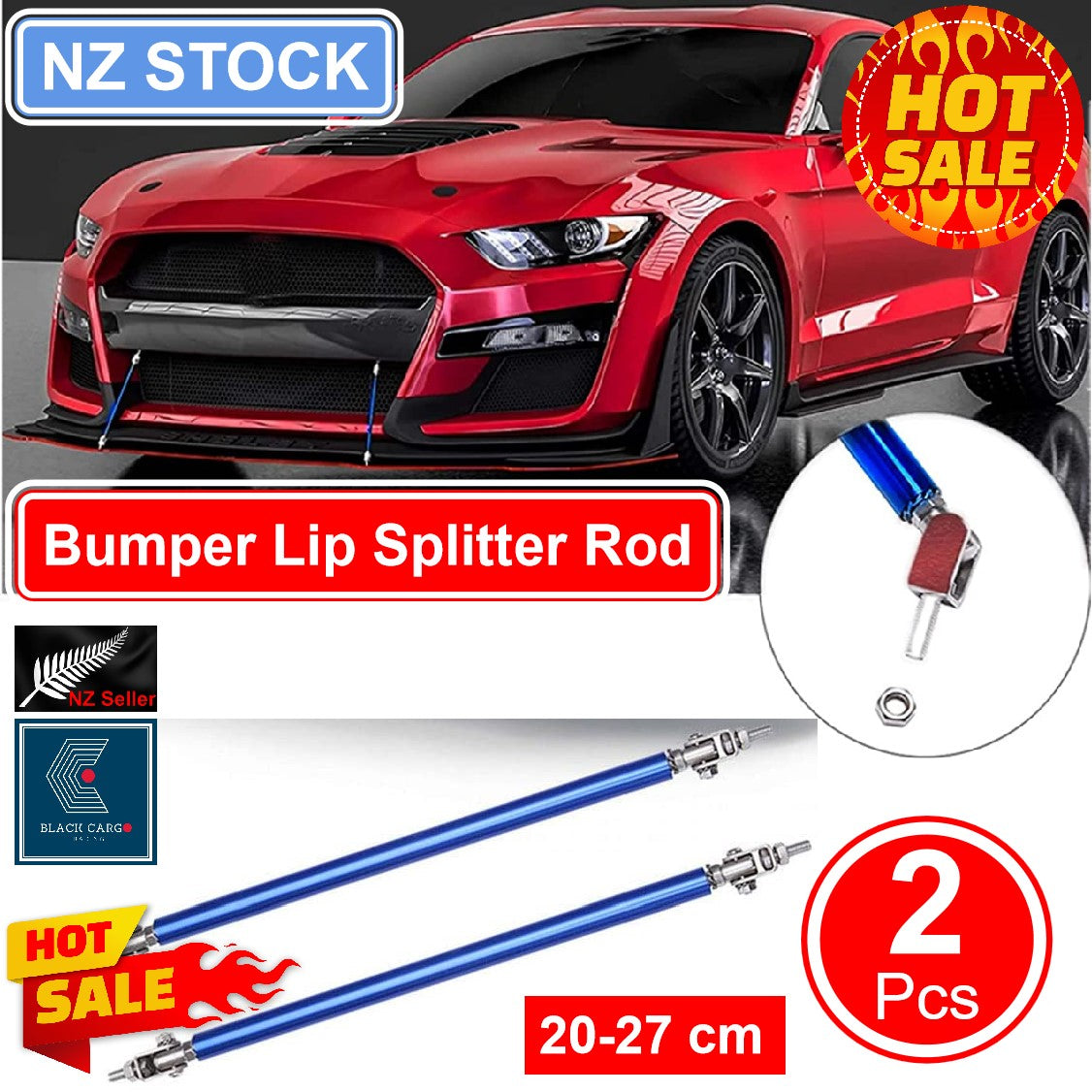 2-Piece Adjustable Front Bumper Lip Splitter Strut Rods – Blue Aluminum & Stainless Steel Tie Bars (Universal)