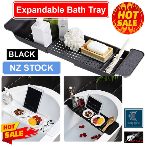 Premium Expandable Bathtub Caddy Tray Bathroom Shelf Organizer Rack-Black