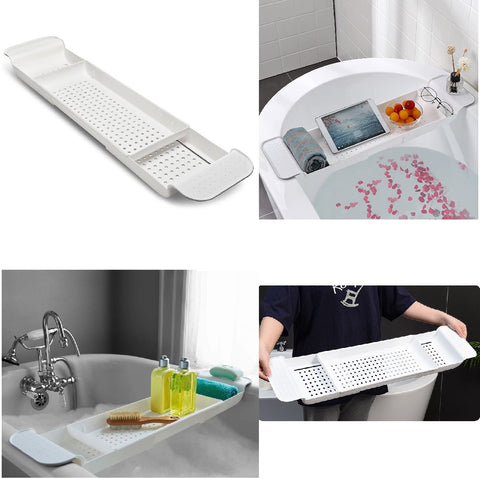 Premium Expandable Bathtub Caddy Tray Bathroom Shelf Organizer Rack-White