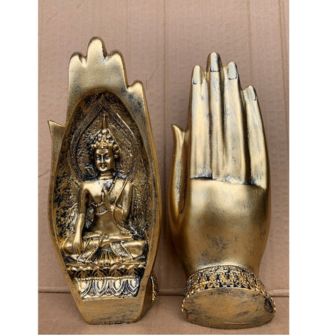 2Pcs Buddha Hand Statue Gold Buddha Sitting in Hand Statue Resin Retro Art