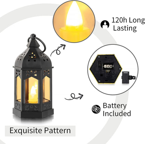 2Pack Vintage Hanging Lantern with LED Candles Moroccan Tealight Candle -Black